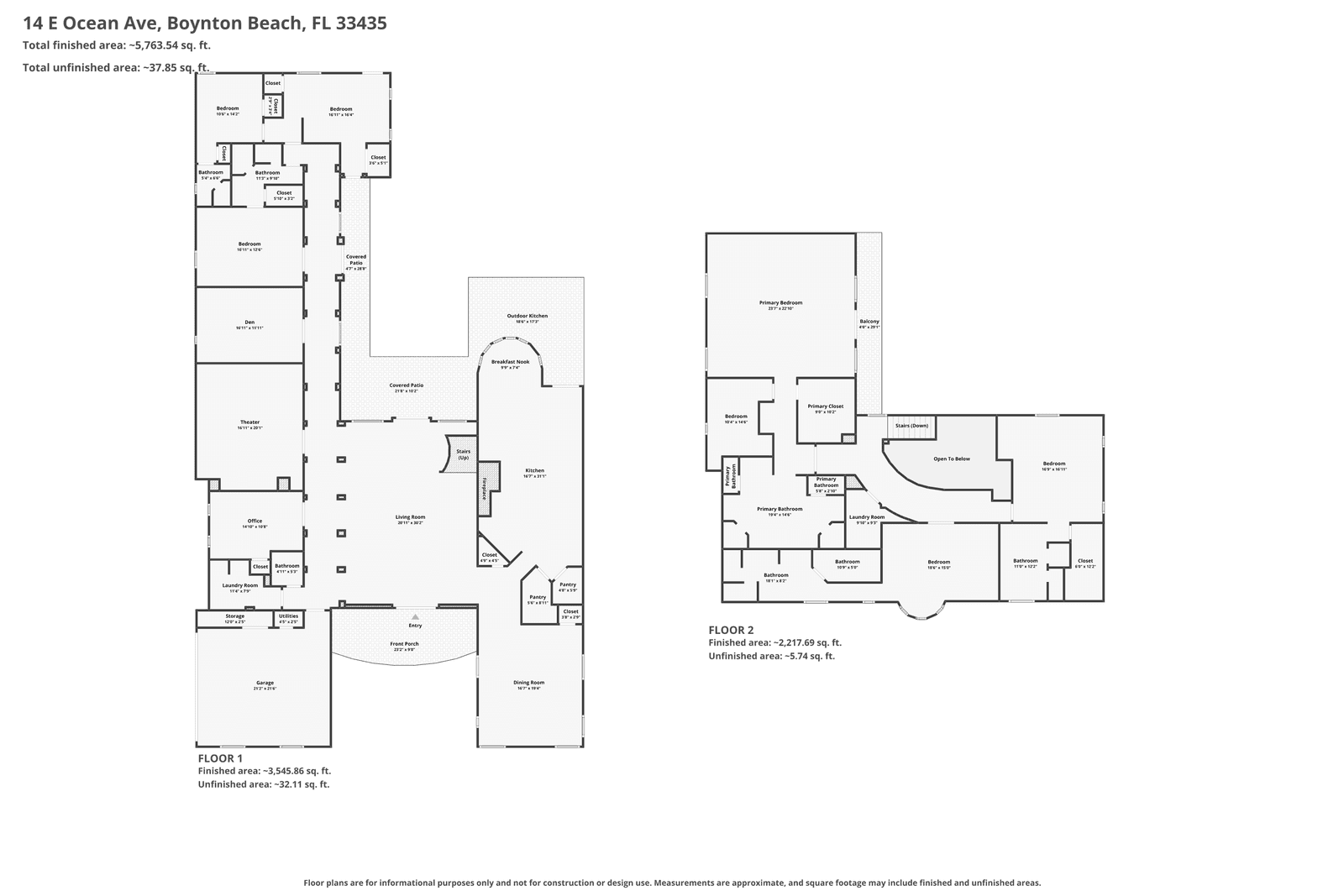 Floor plans for a two-story residence, showing room configurations for each level.